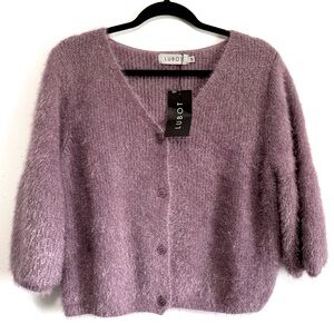 LUBOT Fuzzy Textured Knit V-Neck Cardigan